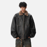 Patchwork Padded Faux Fur Collar Leather Jacket