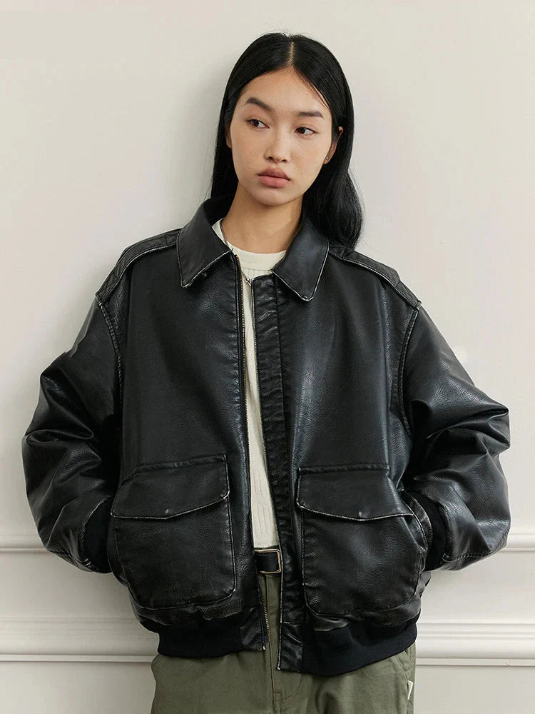Handsome Vintage Distressed Black Leather Jacket