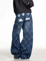 Blue Oversized Letter Print Wide Leg Jeans