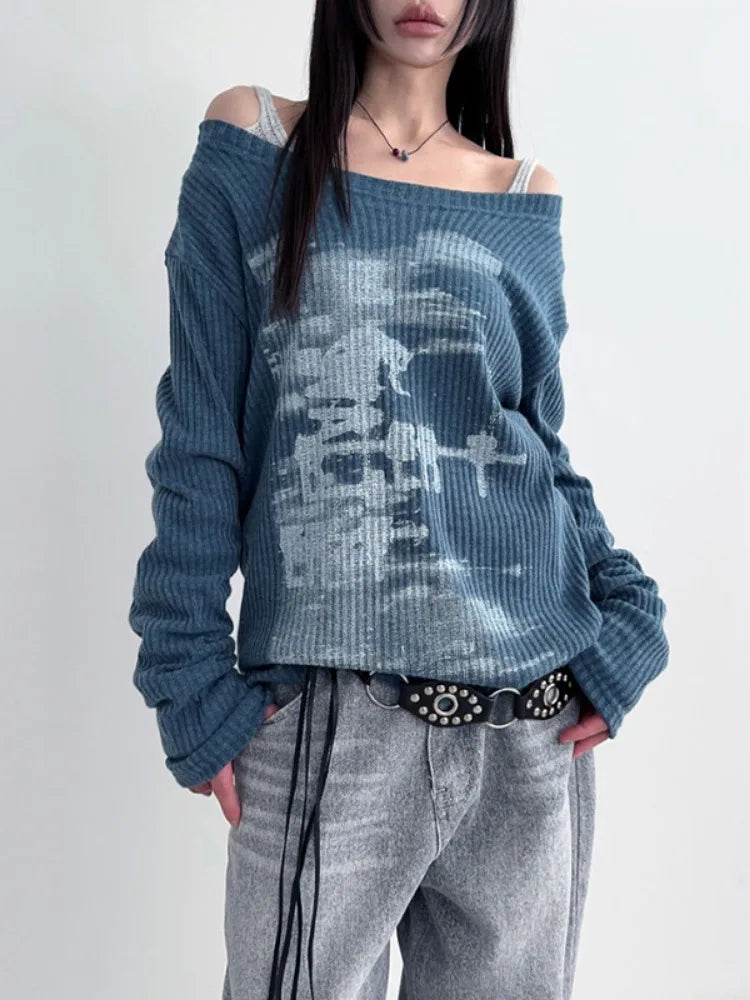 Sweet Grunge Collar Printing Long Sleeve T-Shirt