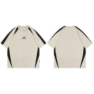 Beige t-shirt with black sleeves and sides, featuring a logo on the chest, shown from front and back on a white background.