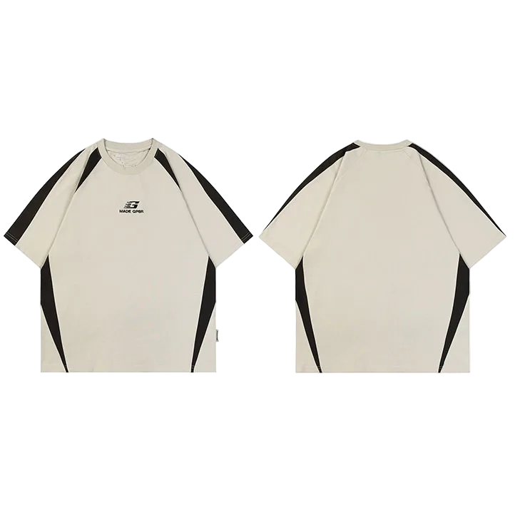 Beige t-shirt with black sleeves and sides, featuring a logo on the chest, shown from front and back on a white background.
