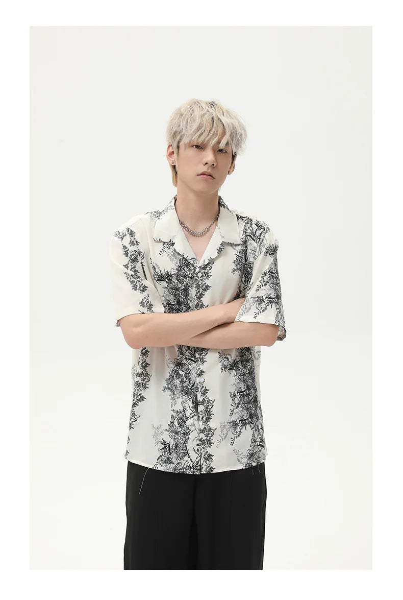 Chemise décontractée à col cubain et fleurs rétro
