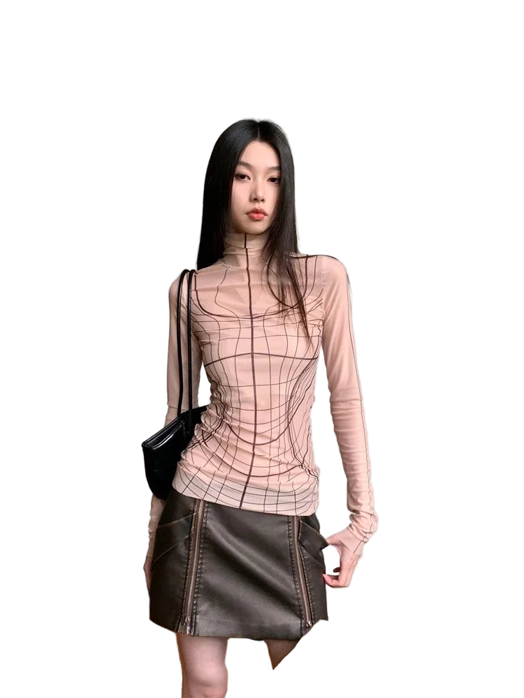 Designer Mesh Long Sleeve Turtleneck Top
