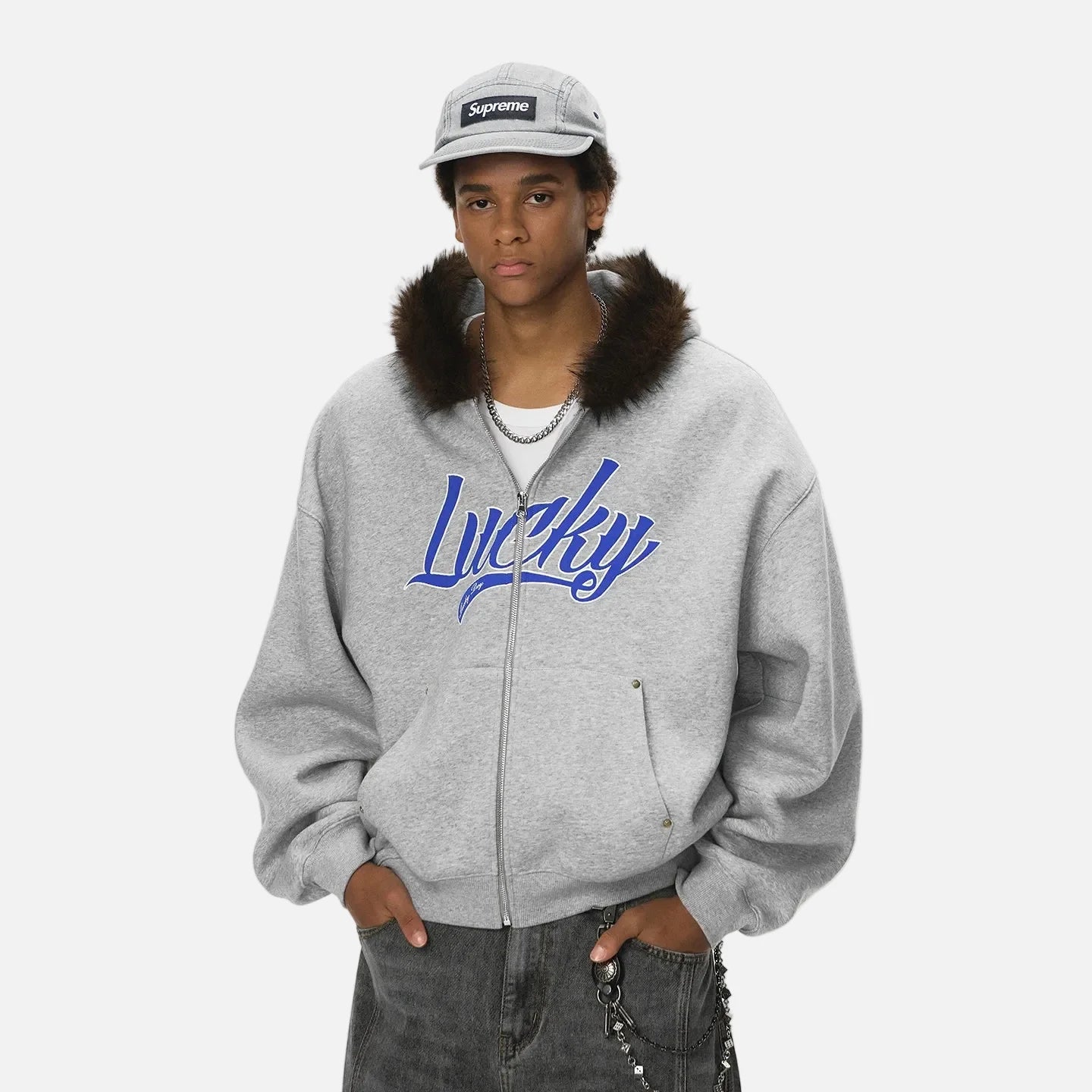 Cozy Embroidered Faux Fur Collar Hooded Sweatshirt