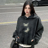 Butterfly Print Washed Black Oversized Hoodie