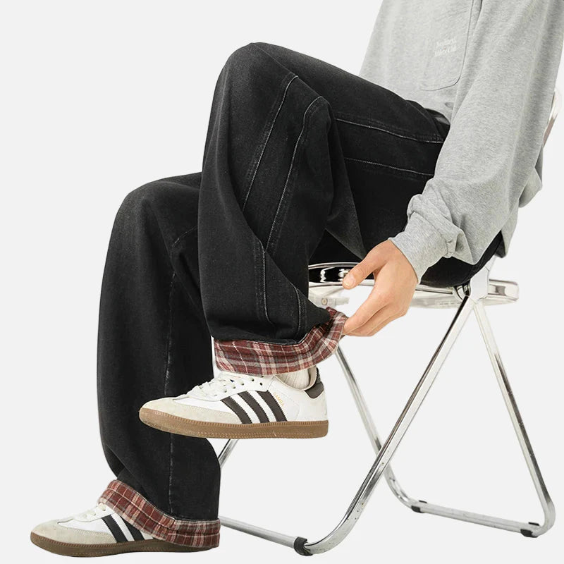 American Casual Plaid Patchwork Washed Jeans