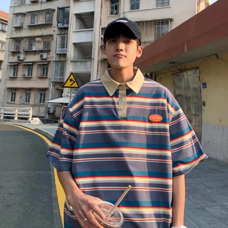 일본 스타일 컬러 블록 스트라이프 라펠 티셔츠