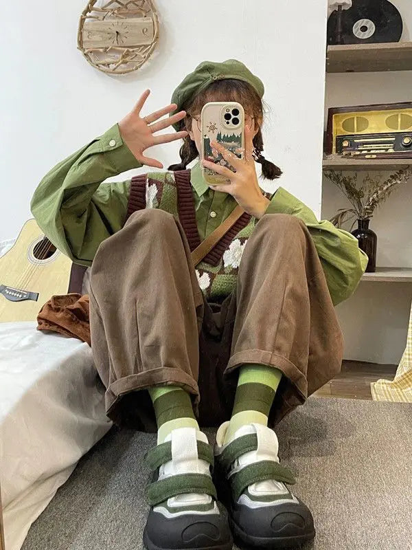 레트로 플라워 그리드 스웨터 조끼