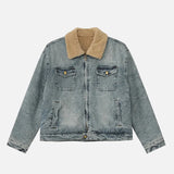 Streetwear Turn Down Fur Collar Washed Denim Jacket