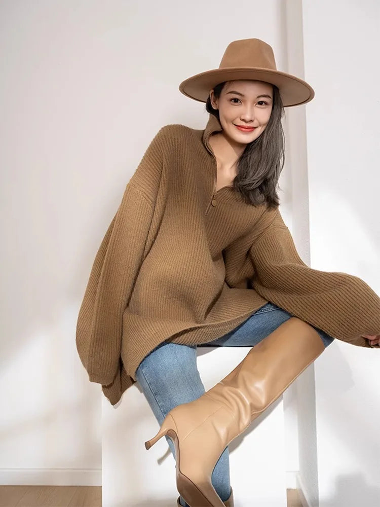 아늑한 프렌치 레트로 지퍼 하이넥 스웨터