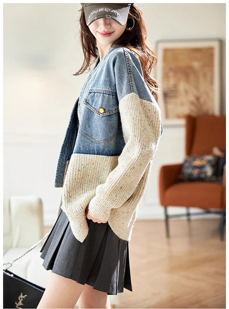 Oversized V-Neck Knitted Loose Denim Jacket