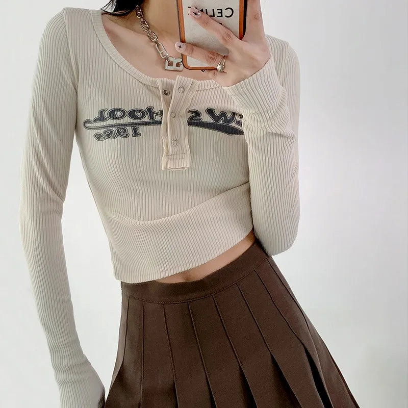 Vintage Letter Print Ribbed Crop T-Shirt