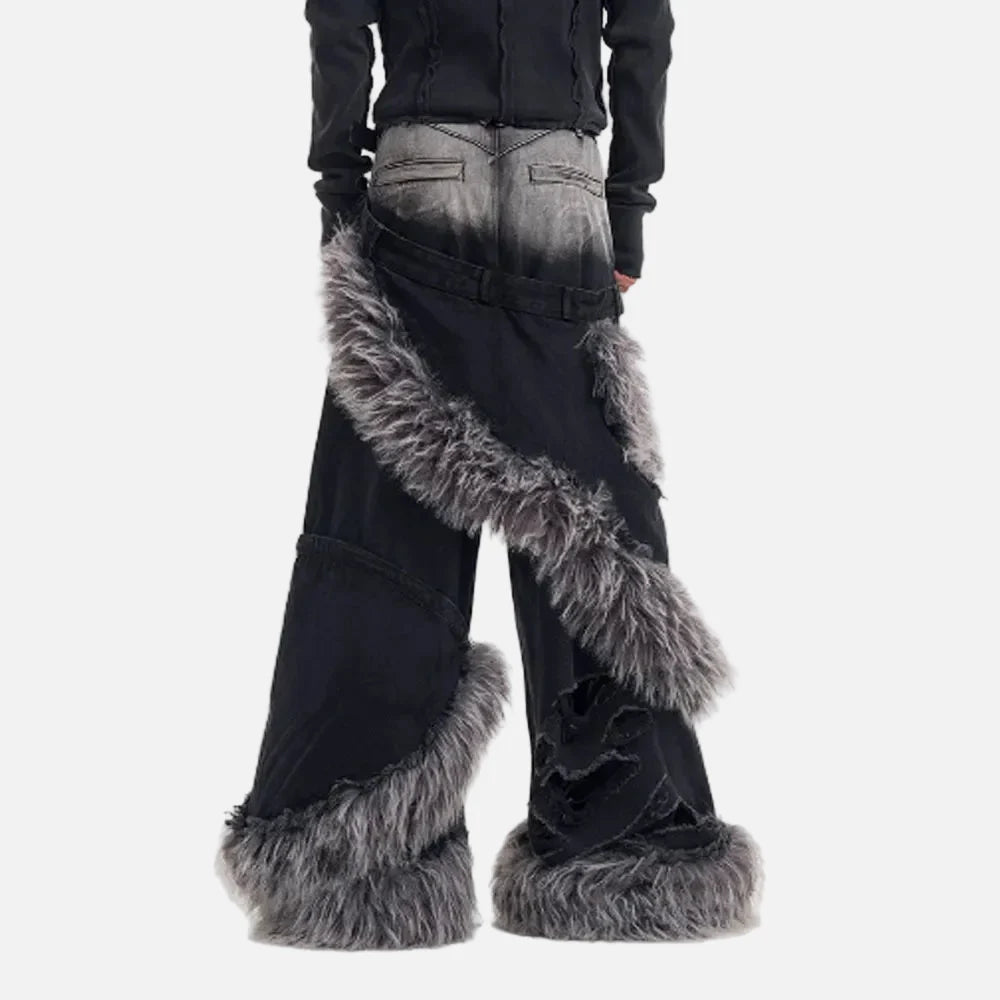 Luxury Double Waisted Fur Patchwork Ripped Denim Jeans