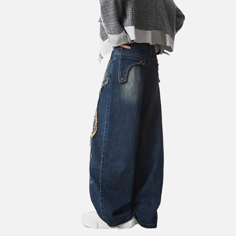 Raw Edge Printing Contrast Color Wide Leg Jeans