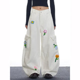 Y2K Vielseitige rote Cargo-Jeans im Stil der 2000er Jahre mit Blumenmuster
