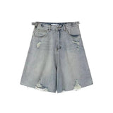 Retro Washed Solid Color Ripped Denim Short