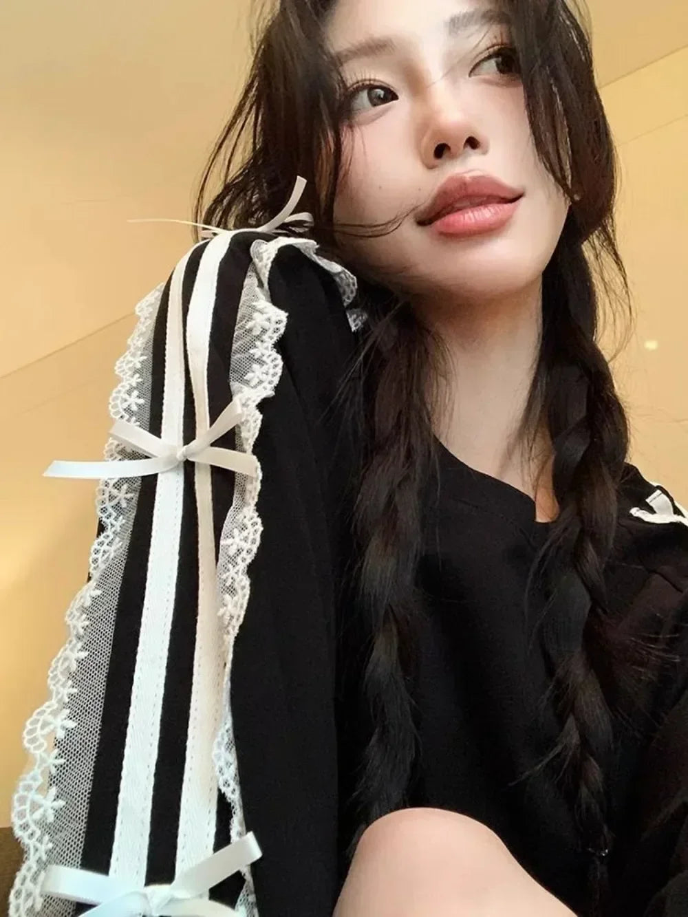 Neploe 캐주얼 레이스 패치워크 롱 티셔츠