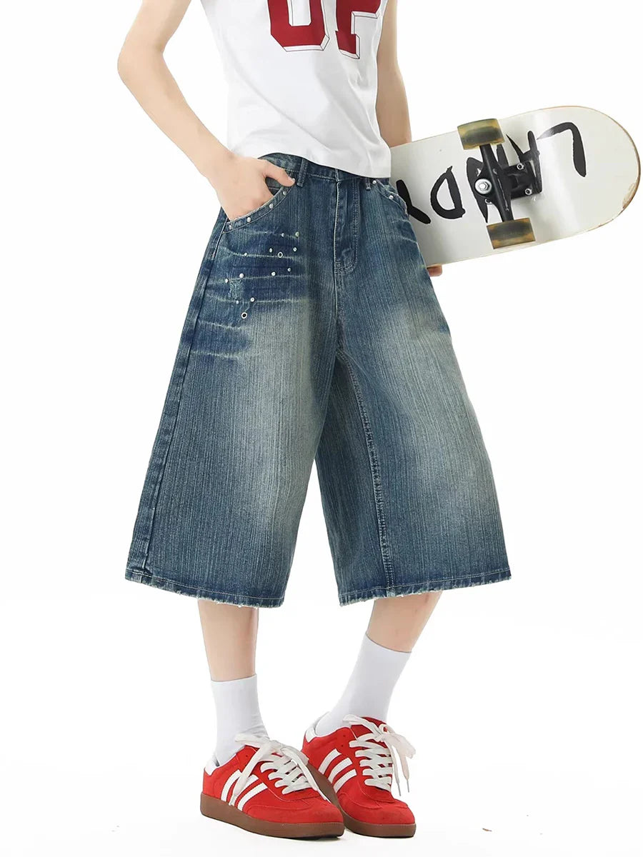 Flexible Hip Hop Vintage Distressed Denim Jorts