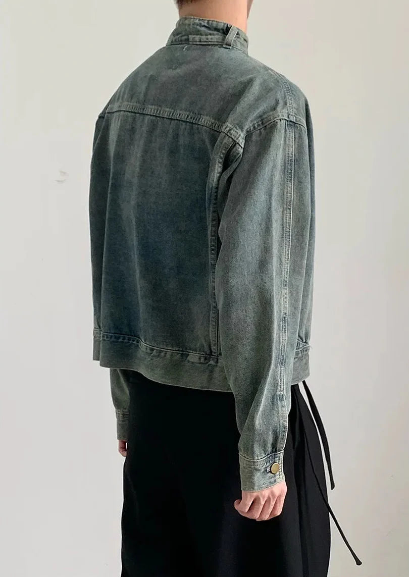 Y2K Washed Buckle Collar Motorcycle Denim Jacket