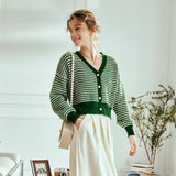 Plaid Spliced Pearl Button Knitted Cardigan