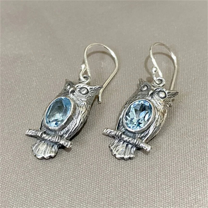 Inlaid Sea Blue Stone Vintage Owl Earring