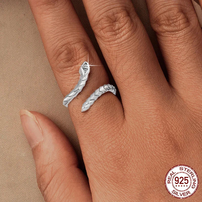 Adjustable Sterling Silver Snake CZ Band Ring