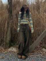 Y2K Schulterfreier gestreifter Strickpullover
