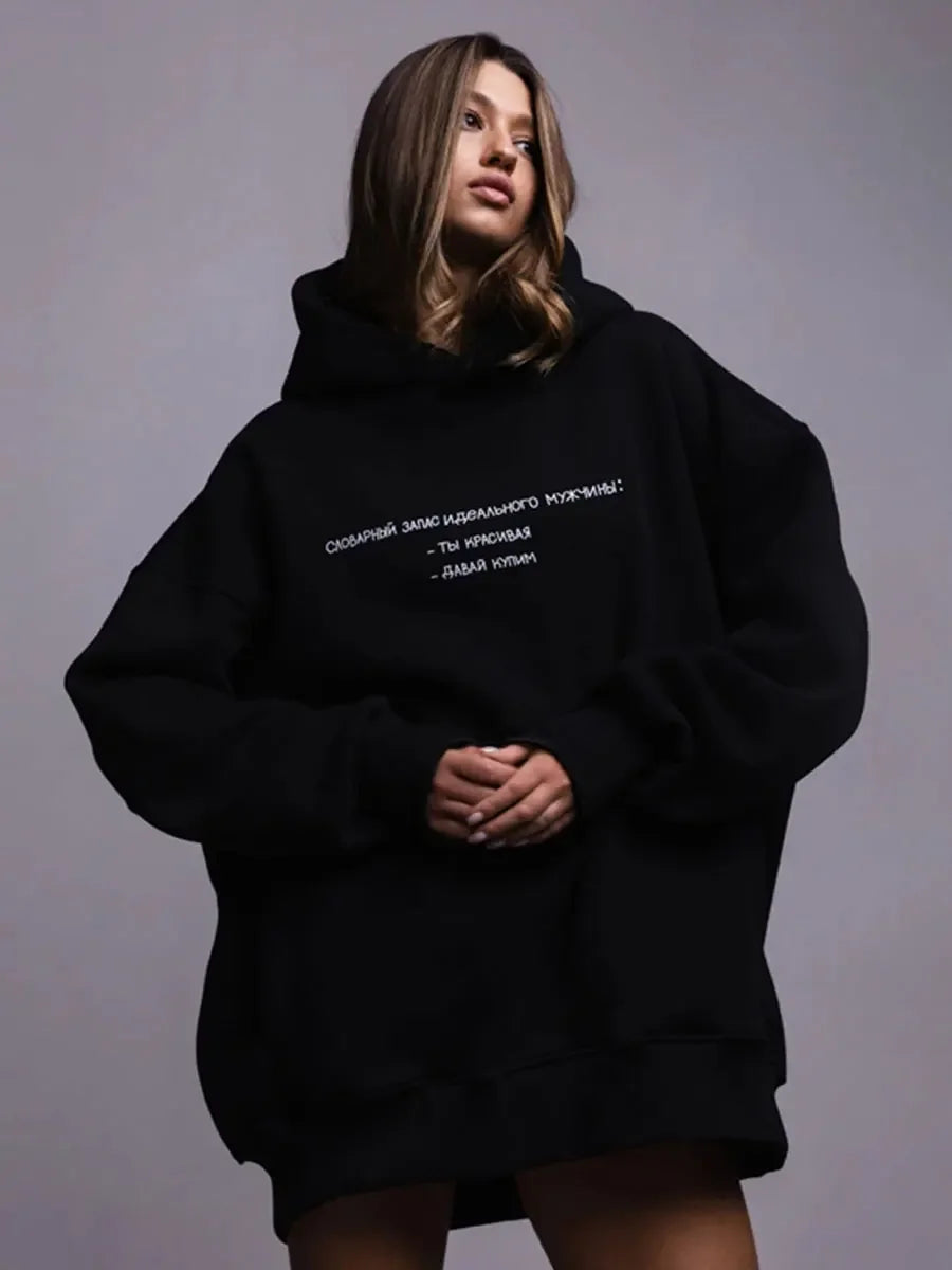 Cozy Oversized Retro Print Fleece Hoodie
