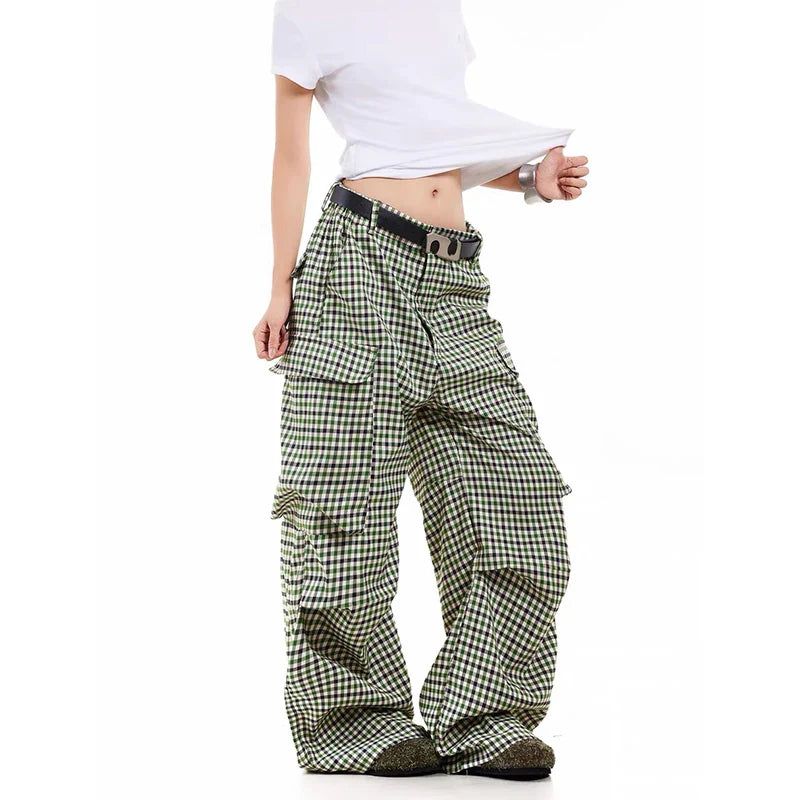 Fashionable Streetwear Plaid Loose Wide Leg Cargo Pants