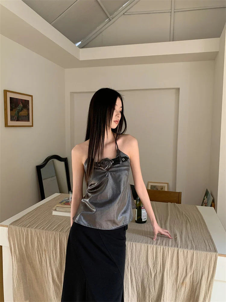 Backless Rose Glitter Satin Halter Women’s Top