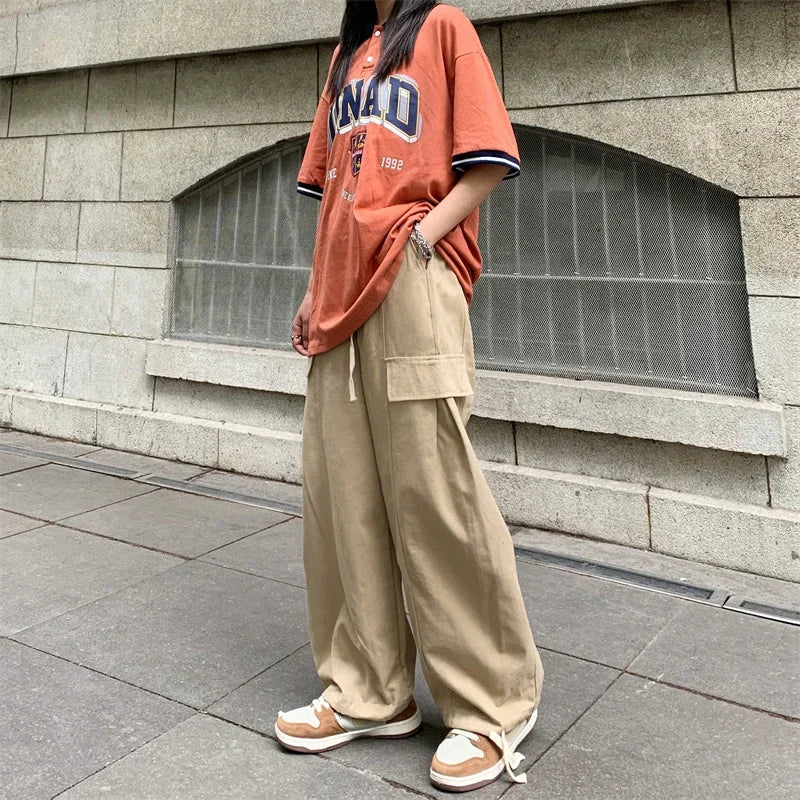 Comfortable Solid Color Wide Leg Cargo Pants