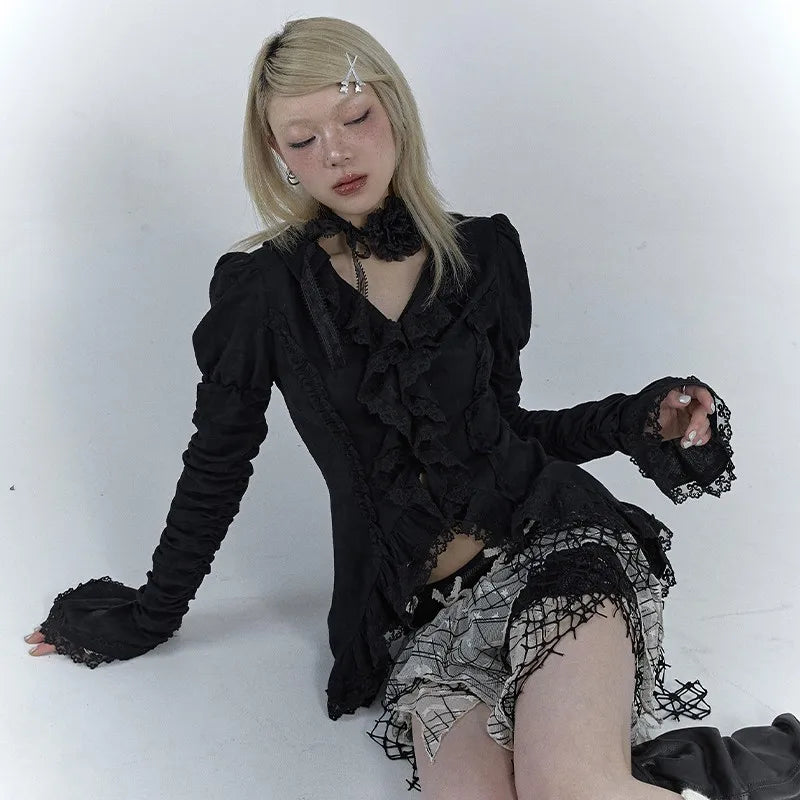 Chemise évasée en dentelle noire style gothique vintage