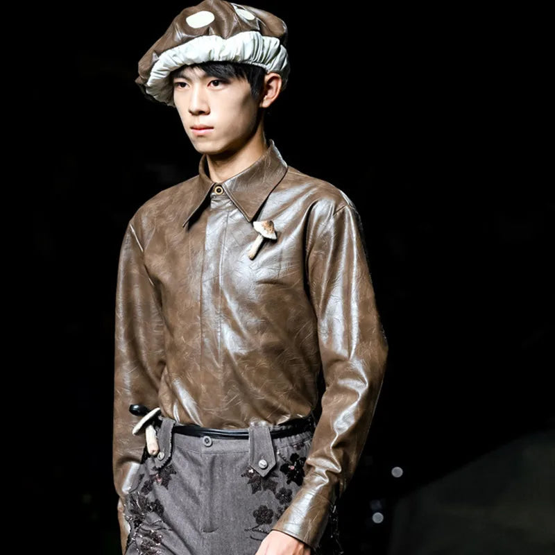 Chemise en cuir texturé à manches longues effet froissé style punk rock
