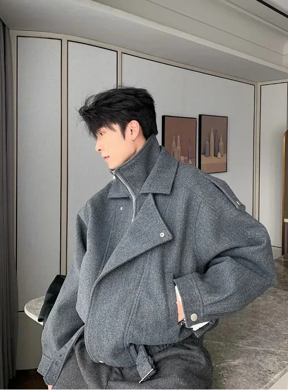 클래식 두꺼운 울 스탠드 칼라 파카 불규칙 재킷