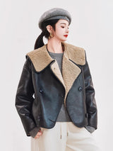 Women Warm Shearling Double Breasted Aviator Leather Jacket