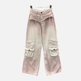 Durable High Waist Raw Edge Wide Leg Cargo Jeans