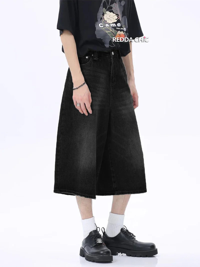 Black Retro Distressed Whiskers Denim Jorts