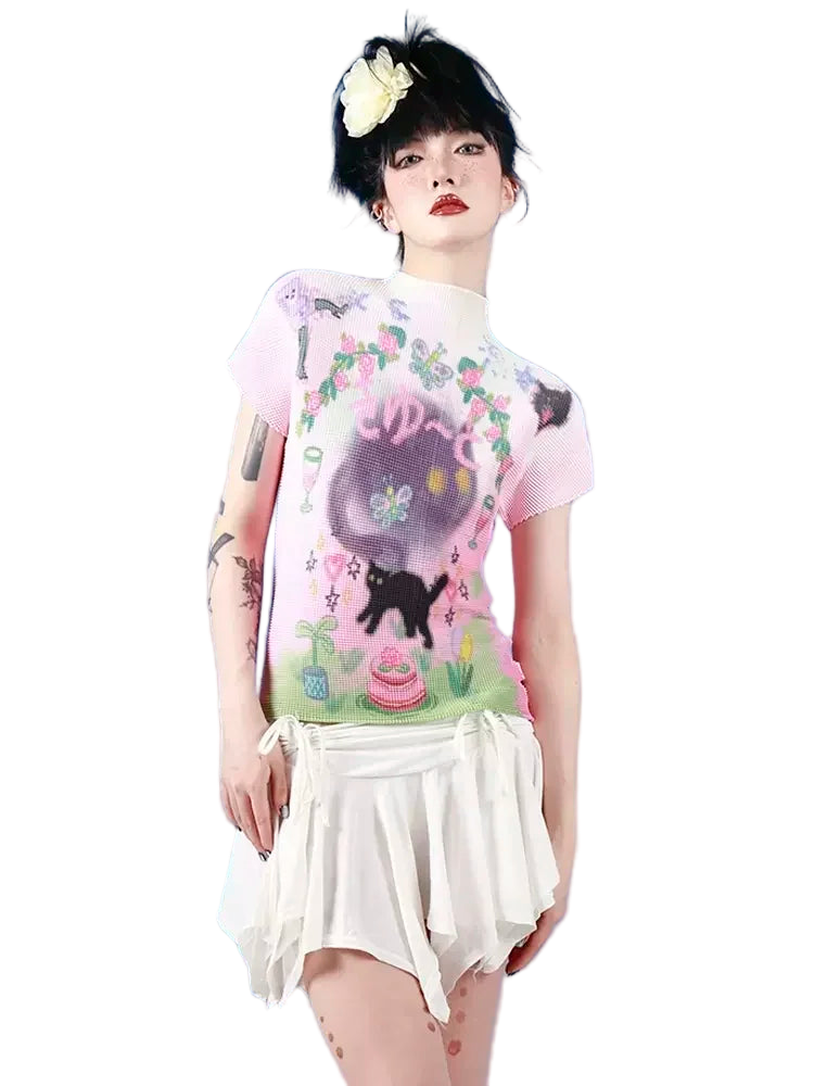 Y2K Graffiti Cat Pleated Crop Top