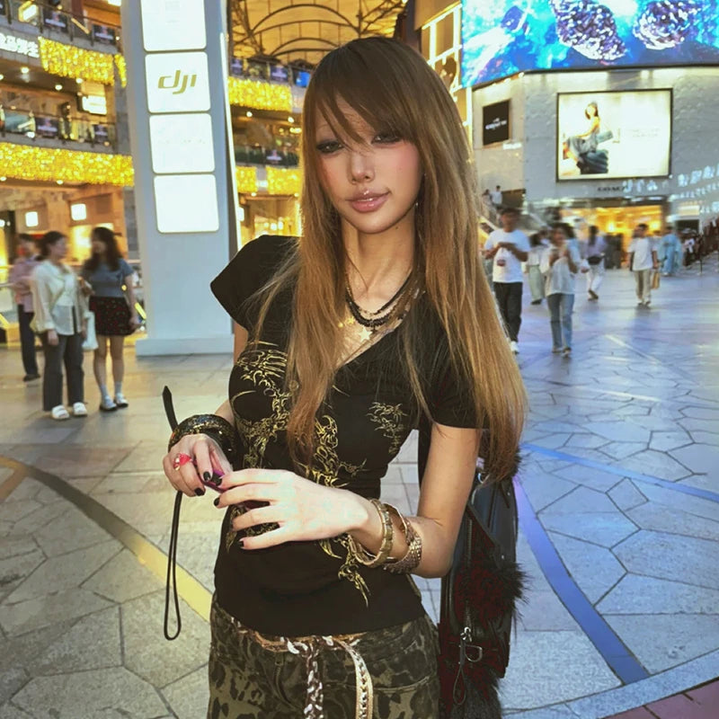 Grunge Y2K Tattoo Print V-Neck Women's T-Shirt