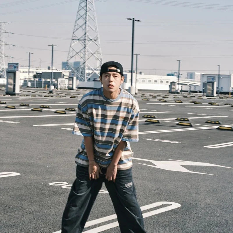 남성 캐주얼 레트로 빈티지 스트라이프 힙합 티셔츠