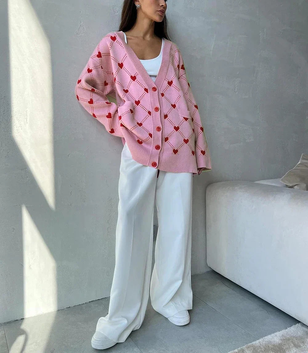 Damen-Strickjacke mit süßem rosa Herzchenmuster, Oversize-Größe