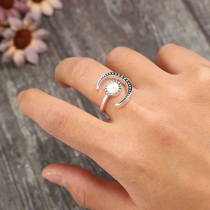 Moonstone Carving Silver Adjustable Ring