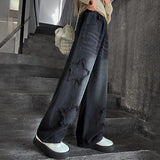 Gerade geschnittene und elegante schwarze High-Waist-Jeans mit weitem Bein und weitem Bein