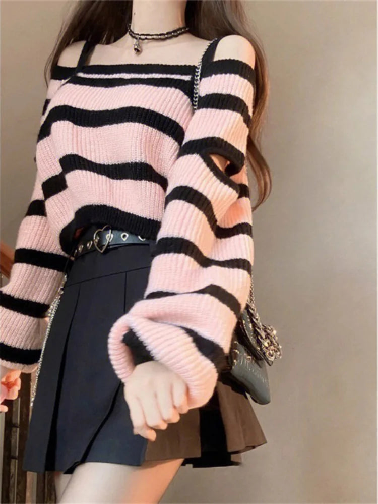 Striped Loose Knitted Cropped Sweater