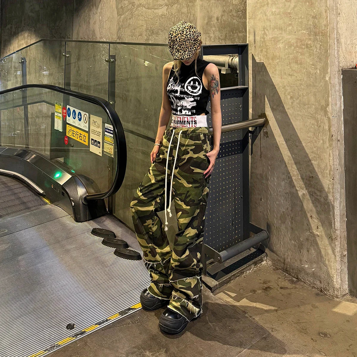 Elastic Waist Drawstring Camouflage Flare Jeans
