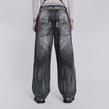 Vintage Wing Pattern Baggy Wide Leg Jeans
