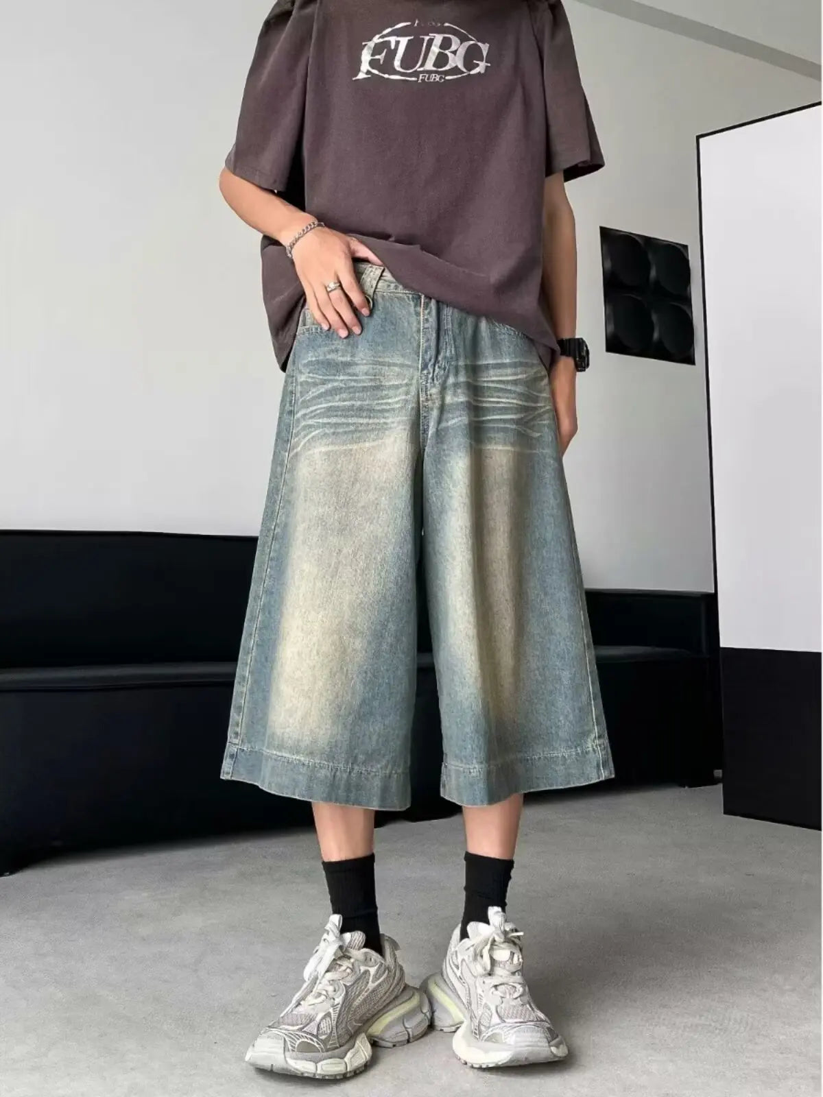 American Men Style Vintage Korean Style Wide Leg Jorts