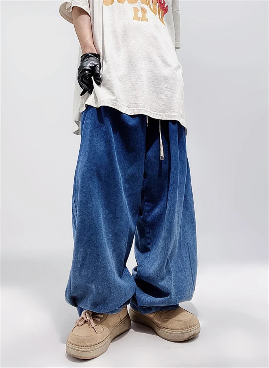 Jeans vintage streetwear à taille élastique et jambes larges