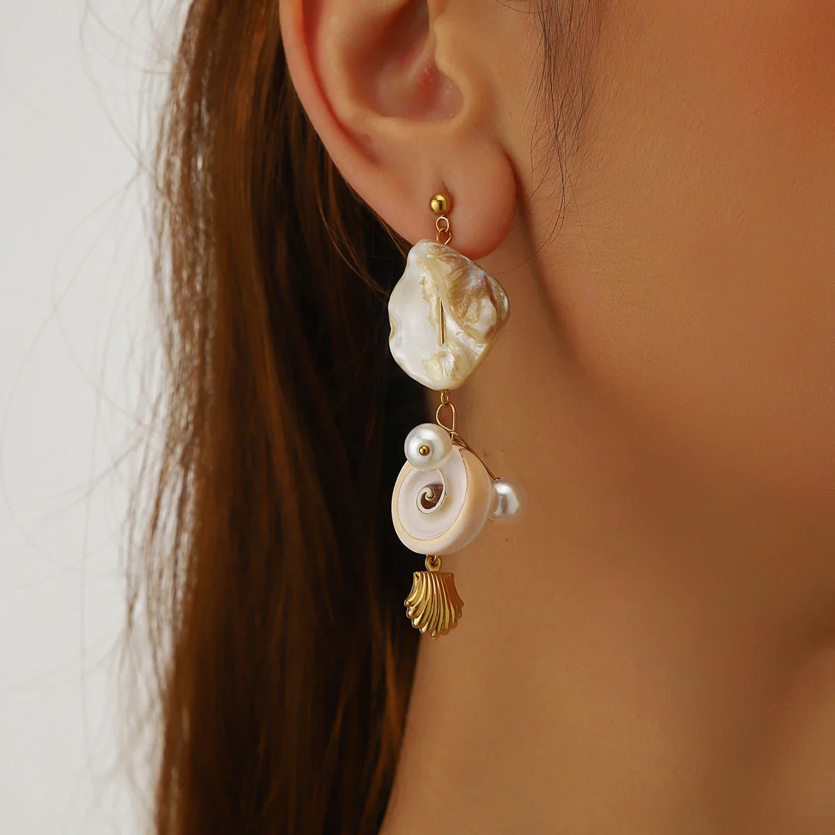 Irregular Stone Conch Pearl Earrings